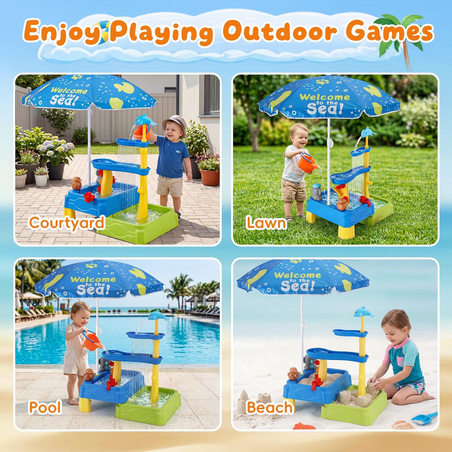 MUGEYMYD Water Table for Toddlers 3-5, Rain Showers Splash Pond Sensory Sand Playset with Umbrella, 16 PCS Accessories, Outdoor Summer Toy for Boys and Girls.