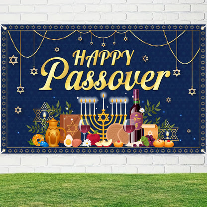 Happy Passover Banner Backdrop - 72'' x 43'' Passover Banner Decoration, Hanging Jewish Pesach Background Decor for Wedding Festive Welcome Banner Passover Party Supplies