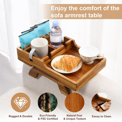 Acacia Wood Couch Arm Tray, 15.35"x9.85" Couch Armrest Table with Cup Holder, Foldable Desktop for Dual Use Sofa Arm Tray, with Non-Slip Feet