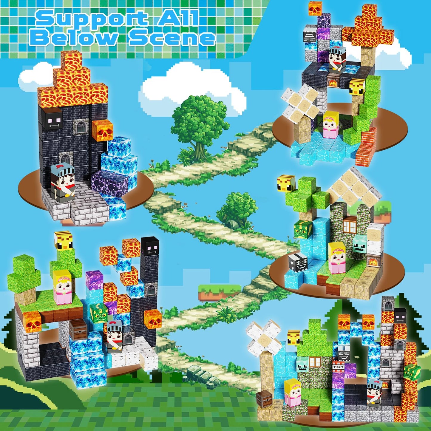 150PCS Magnetic Blocks - Magnet Building Blocks, Stacking Magents Cubes Toys Forest Dark Castle Set, STEM Montessori Sensory Toys for Kids Boys and Girls Ages 3 4 5 6 7 8 9 10 Easter Birthday Gifts