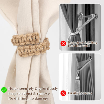 4 Pcs Braided Curtain Tiebacks Boho Flexible Rope Drapes Holder Braided Jute Curtain Tiebacks for Home Office Bedroom Window
