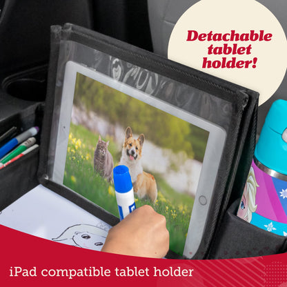 Lusso Gear Kids Car Seat Travel Tray - Dry-Erase Tablet Holder for Road Trip Activities - Cup Holder & Storage for Toddler Travel Essentials - Plane Activity Tray for Airplane Essentials - Dinos