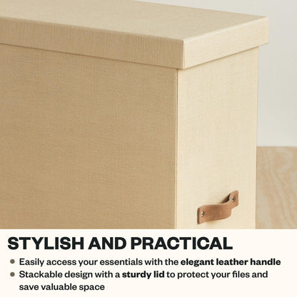 Bigso John File Box - File Storage Box and File Organizer for Important Paperwork - Durable Hanging File Box with Lid and Leather Handle - 7.36 in x 13.26 in x 10.51 in - Cream