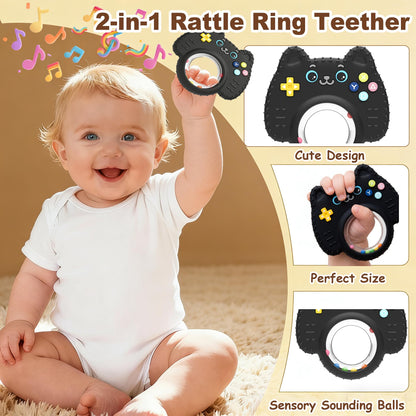 2Pack Teething Toys for Baby 3-6 Months, Teethers for Babies 6-12 Months, Remote Rattle Ring Teether for Baby, Sensory Toys for Babies, Baby Chew Toy