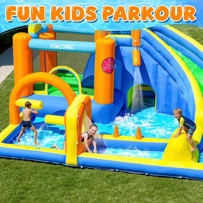 FINCOME Inflatable Bounce House with Water Slide, Kids Bouncy Castle with 480W Blower Slide Steeplechase Jumping Climbling Ring Toss Ball Hoop, Outdoor Indoor Bouncing House for Birthday Party Holiday