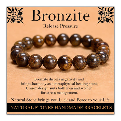 Handmade Natural Gemstone Elastic Bracelet - Healing Crystal Beads Jewelry, Unisex (Bronzite, 8mm)