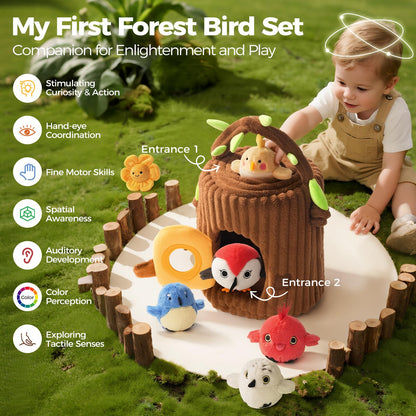 Evoceler Surprise Tree Stump with Birds, Rattle, Crinkle Paper,Squeaker & Mirror | Soft Montessori Toys for 6 Month Old Babies | Sensory Toddlers 1-3, 1 Year Old Boy Girl Gifts, Baby Toys 6-12 Months