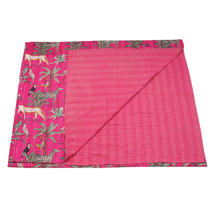 Marubhumi Quilts Indian Handmade Indian Traditional Blankets, Reversible, Jungle Print Vintage Kantha Quilt, Comforter, Hot Pink - Queen 90 x 108 Inches