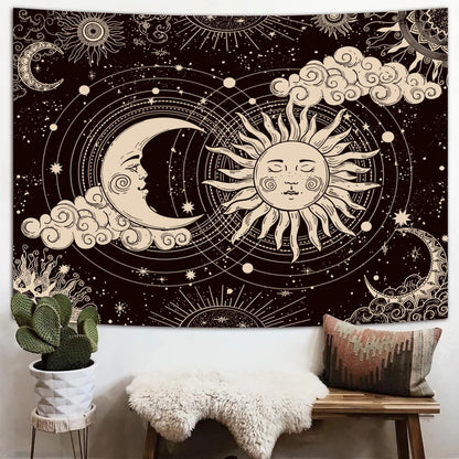Wonrizon Sun and Moon Tapestry, Aesthetic Black Dark Spiritual Tapestries Mystic Burning Sun with Clouds Star Wall Hanging decor for Bedroom (30"x40")