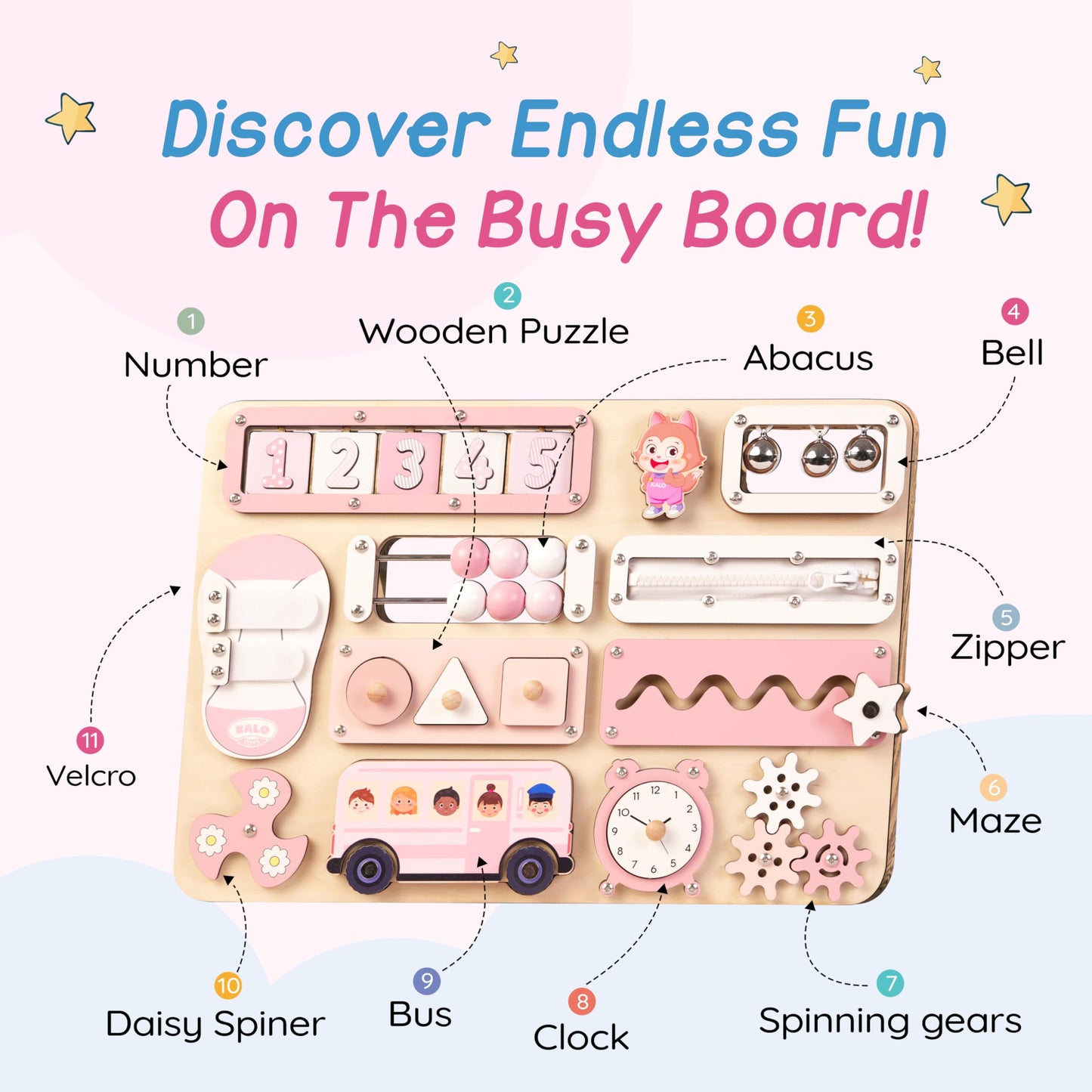 KALOTOYS Large Montessori Busy Board for Baby & Toddlers 1-3 — 17-Inch Wooden Sensory Activity Board — Fine Motor Skills & Early Learning Educational Toy for 1 2 3 Year Old, Travel Friendly & Safe