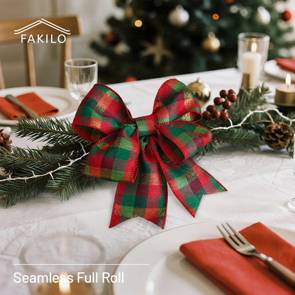 FAKILO Christmas Wired Ribbon 2-1/2 inch x 10 Yards Gold Red and Green Gingham Buffalo Plaid Tartan Christmas Ribbon for Tree Wreath Decor Gift Wrapping Topper Bow Making
