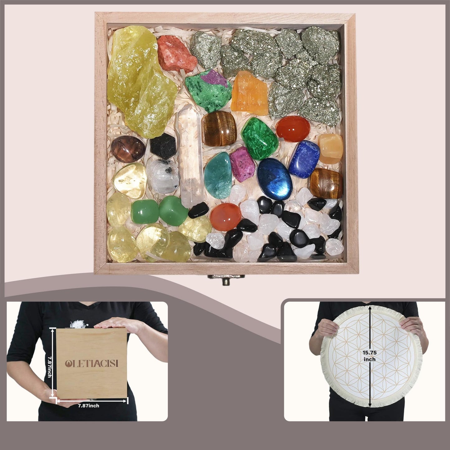 Oletiacisi 38 Pcs Crystals and Healing Stones. 65 oz Healing Crystal Set for Meditation, Crystal Collection, Decor. Oletiacisi Crystal Abundance Set. Sacred Geometric mat Help Setup a Crystal Grid