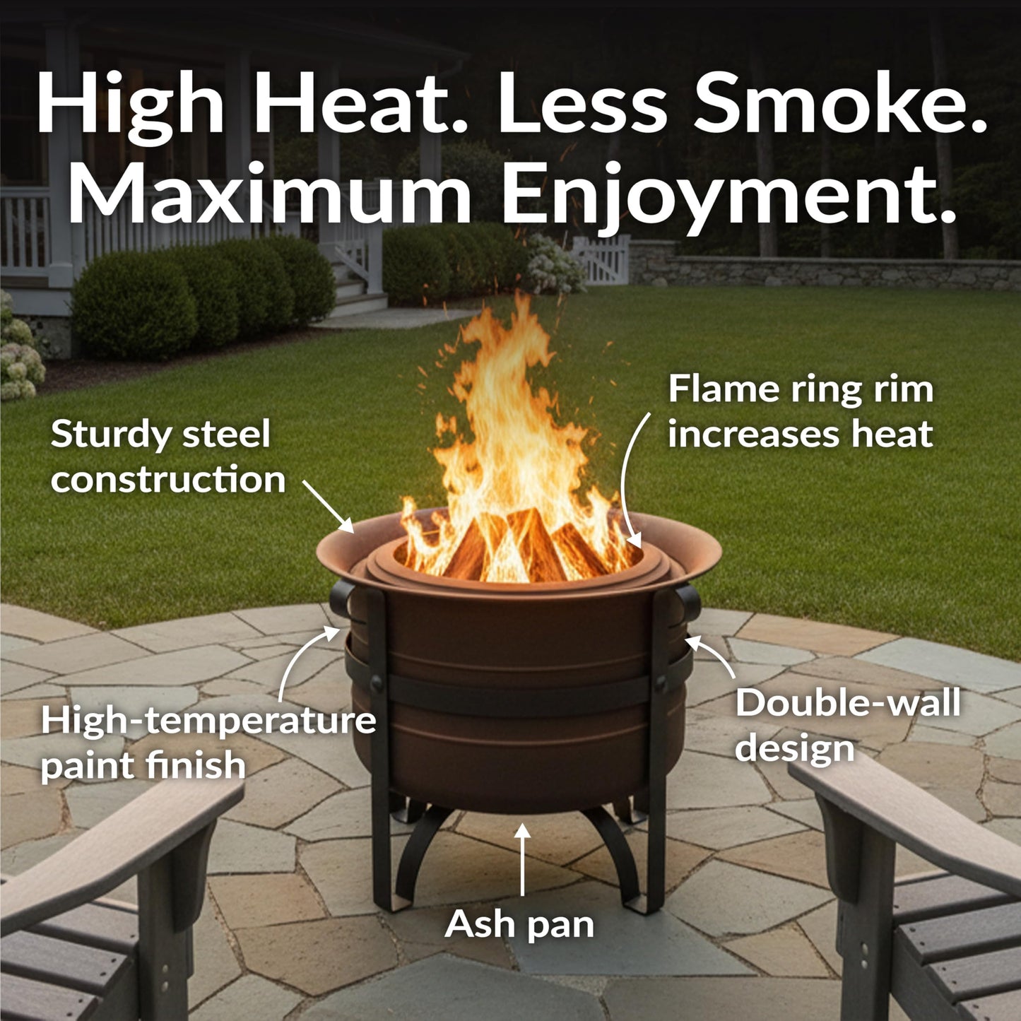 Sunnydaze 23-Inch Cauldron-Style Smokeless Wood-Burning Fire Pit with Cover and Poker - Steel Outdoor Smokeless Fire Pit for the Backyard
