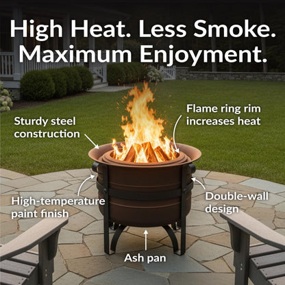 Sunnydaze 23-Inch Cauldron-Style Smokeless Wood-Burning Fire Pit with Cover and Poker - Steel Outdoor Smokeless Fire Pit for the Backyard