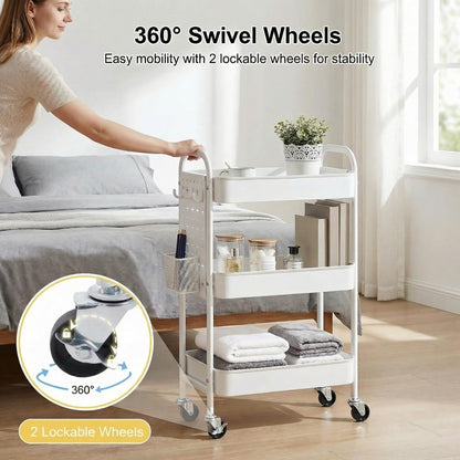 YanKiTour 3 Tier Rolling Cart with DIY Pegboards & Mop Holder, Metal Utility Cart with Wheels, Hooks and Bins, Storage Organizer for Bathroom, Laundry, Kitchen, Office, Craft Room (White)