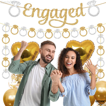 KatchOn, Pre-Strung Gold and Silver Glitter Engaged Banner - 2 String, 10 Feet, No DIY | Engagement Party Decorations | Banner for Bachelorette Party Decorations, Engagement Decorations, She Said Yes Decorations