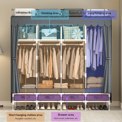 LEAIJIAFY Large Portable Wardrobe with 4 Hanging Rods and Drawers, Armoire, Metal Storage Wardrobe Hangers, Upgraded Grey Non-Woven Dust Cover for Handing Closet,Large Closets for Bedroom