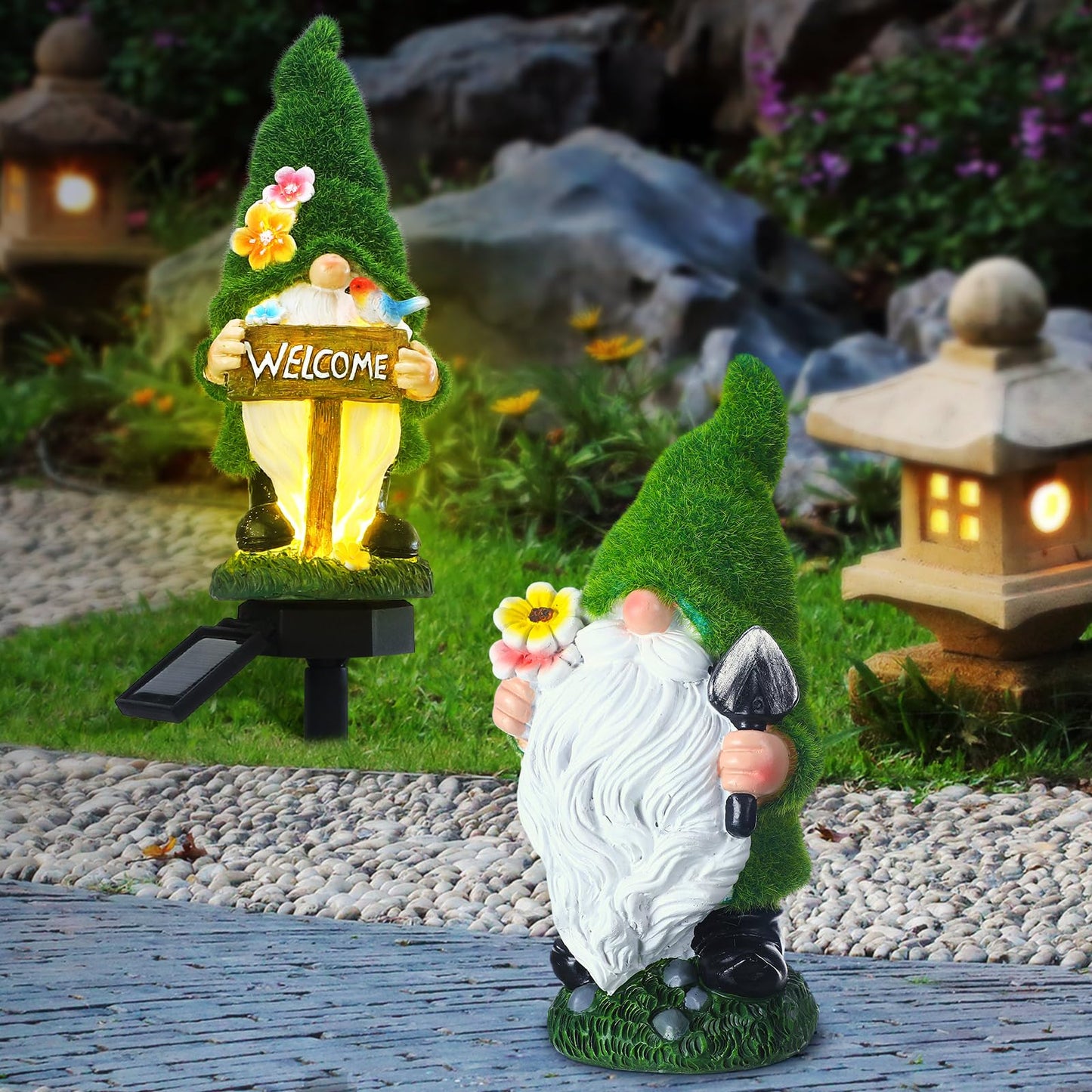Rossesay 2 Pcs Solar Garden Gnomes Outdoor Decorations with Welcome Sign, Waterproof Resin Gnome Statues with Lights for Outside Yard Patio Porch Decor, Mothers Day Gifts for Mom Grandma Women