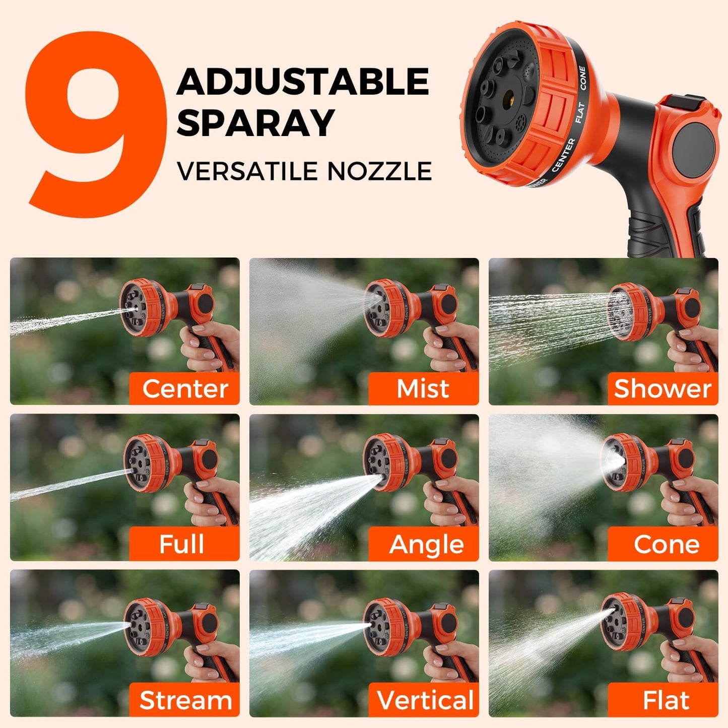 Retractable Garden Hose Reel 90 ft x 5/8 inch Automatic Slow Return 9 Sprayer Nozzle Any Length Lock Heavy Duty Wall-Mounted Hose Reels for Outside 180° Swivel UV Resistant