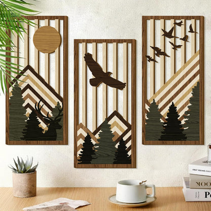 3 Pcs Wooden Boho Mountain Wall Art Mid Century Modern Wall Decor Nature Geometric Line Artwork for Living Room Rustic Home Indoor Decoration MCM Landscape Hanging Plaque for Bedroom Office Accents