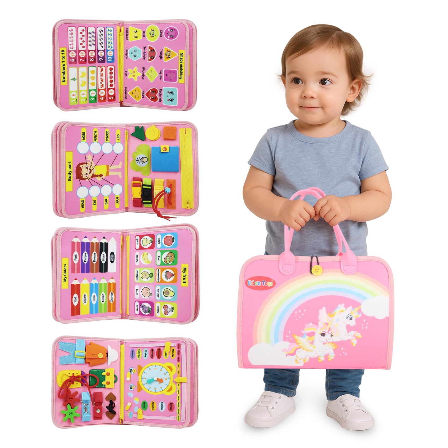 URBAN TOYS Montessori Busy Board - Ideal Busy Book Toddler Toys & Gifts for Boys & Girls, Toddler Travel Essential for Airplane & Car, Sensory Toys, Great for Baby Gifts for Boys