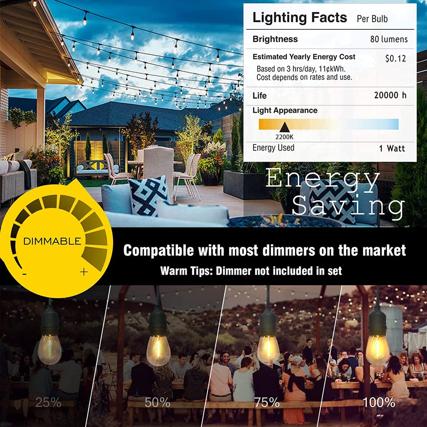 Achin Outdoor String Lights 150 Feet LED Waterproof Patio Lights with 50 Shatterproof Dimmable Warm Edison Bulbs String Lights for Outdoor Gazebo Bistro Wedding Birthday Party Lights, Connectable