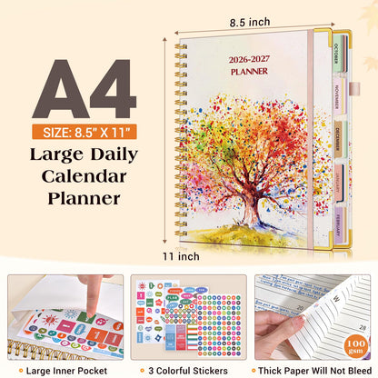 Planner 2026-2027, 18 Months Weekly and Monthly Daily Planner from January 2026 - June 2027, 8.5" x 11" A4 Large Hardcover Agenda Organizer Book 2026 with Tabs, Spiral Yearly Calendar Planners for School Work Home, Autumn Tree
