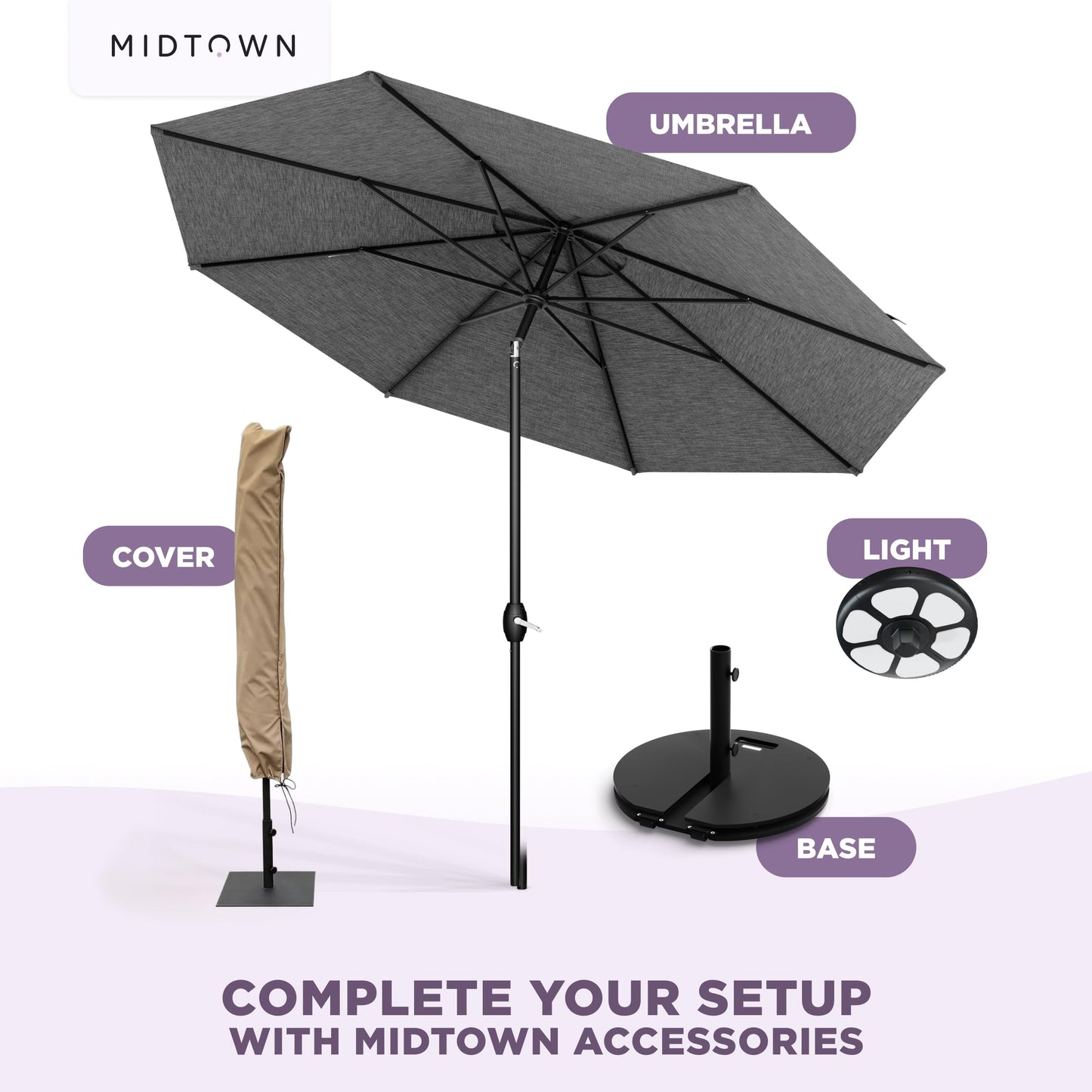 Midtown Umbrellas – The Lean 8 Ft Patio Umbrella with 10-Year-No-Fade Acrylast Acrylic Fabric, Auto-Tilt and 8 Reinforced Ribs for Deck, Pool, Garden, Hotel & Cafes – Stonecast Grey Canopy, Black Pole