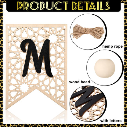 Menkxi 2 Pcs Eid Mubarak Banner Decorations Wooden Ramadan Eid Decoration for Home Rustic Ramadan Mubarak Garland Hanging Supplies for Mantel Fireplace Muslim Home Indoor Outdoor Party(Natural, Black)