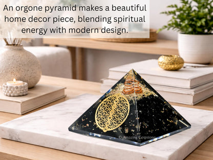 Amazing Gemstone Large Black Tourmaline Orgone Pyramid Crystal, Chakra Flower of Life Orgonite Pyramid - Positive Energy Healing