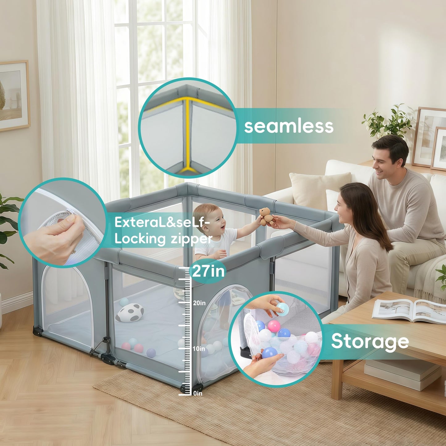 Foldable Playpen with Detachable Thicken Mat,50x50 Inches Portable Playpen,Collapsible Play Pen for Babies and Toddlers,Indoor & Outdoor Baby Fence Play Area,Cold Gray