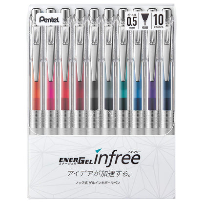 Pentel Gel Ink Ballpoint Pen, EnerGel, Infree, 0.5mm, Clear Body, BLN75TL-10, 10 Colors