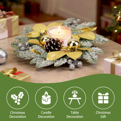 Christmas Candle Rings Wreath,8in Small Wreaths for Kitchen Cabinet with Balls,Pine Cones,Pine Needles and Berries for Home Christmas Table Centerpiece Decorations (6, Gold)