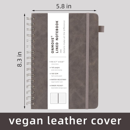 OnMove Spiral Notebooks Journal for Women Men 12 Pack Bulk Leather Hardcover with Pen Holder A5 160 Pages 100 GSM Thick Paper for Work School Lined Gray