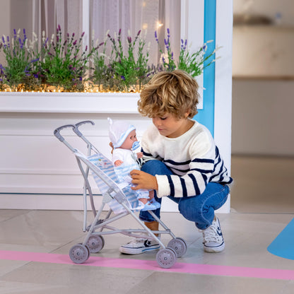 JC Toys Boutique | Folding Umbrella Doll Stroller for Children 2 Years Plus, Blue Stripes and Soft Embroidery | Sturdy Metal Frame | Pretend Play with Dolls up to 18” Long | Seat Belt