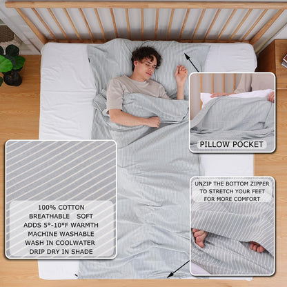 Exermil 100% Cotton Sleeping Bag Liner with Full Length Zipper on 3 Sides; Single/Double Adult Sleep Sack for Travel & Camping, Multifunctional Travel Sheets (Unzipped 87”x87”) for Hotel, Lightweight