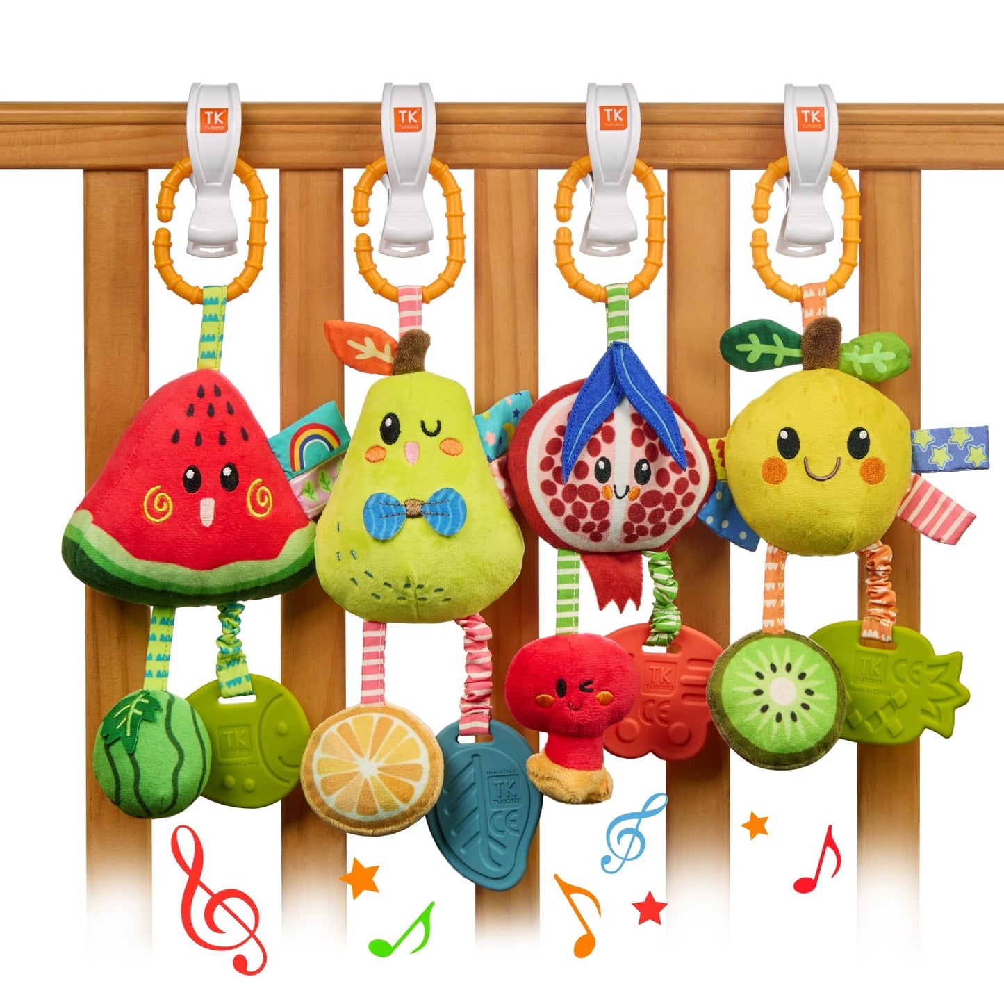 TUMAMA Hanging Toys for Baby Gym, 4 Pack Fruit Crib Stroller Baby Gym Mobile Plush Toys with Teether, Hanging Rattle Toys, Car Seat Toys for Babies 0-6 Months Boy