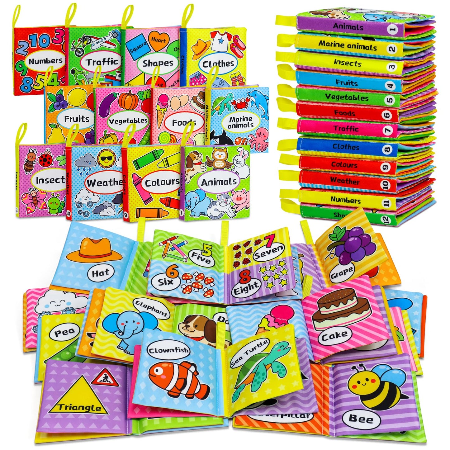 OKOOKO 12PCS Soft Baby Books, Soft Cloth Books, Bath Toys, Crinkle Washable Non-Toxic Early Education Preschool Learning Toy for Newborns Babies Infants Toddlers Kids