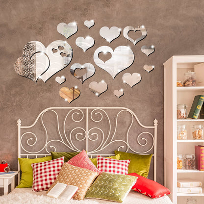 Zonon 17 Pieces Heart Mirror Wall Decal 3D Acrylic Heart Mirrors Wall Art Decor Removable Sticker for Living Room Bedroom Home Decoration