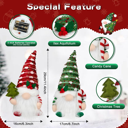 Christmas Gnome Decorations Indoor 11.4inch Light Up Christmas Gnomes Plush Home Decor Leprechaun Hold Candy Cane Ornaments with LED Lights Elf Tiered Tray Xmas Gifts Decor (Set of 2)