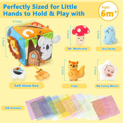 URMYWO Baby Tissue Box Toy, Montessori Sensory Toys 6-12 Months with Crinkle Paper & Scarves, Fine Motor Skills, Valentine's Day Easter Basket Stuffers, Gifts for Infants 6 9 12 18 Months Old
