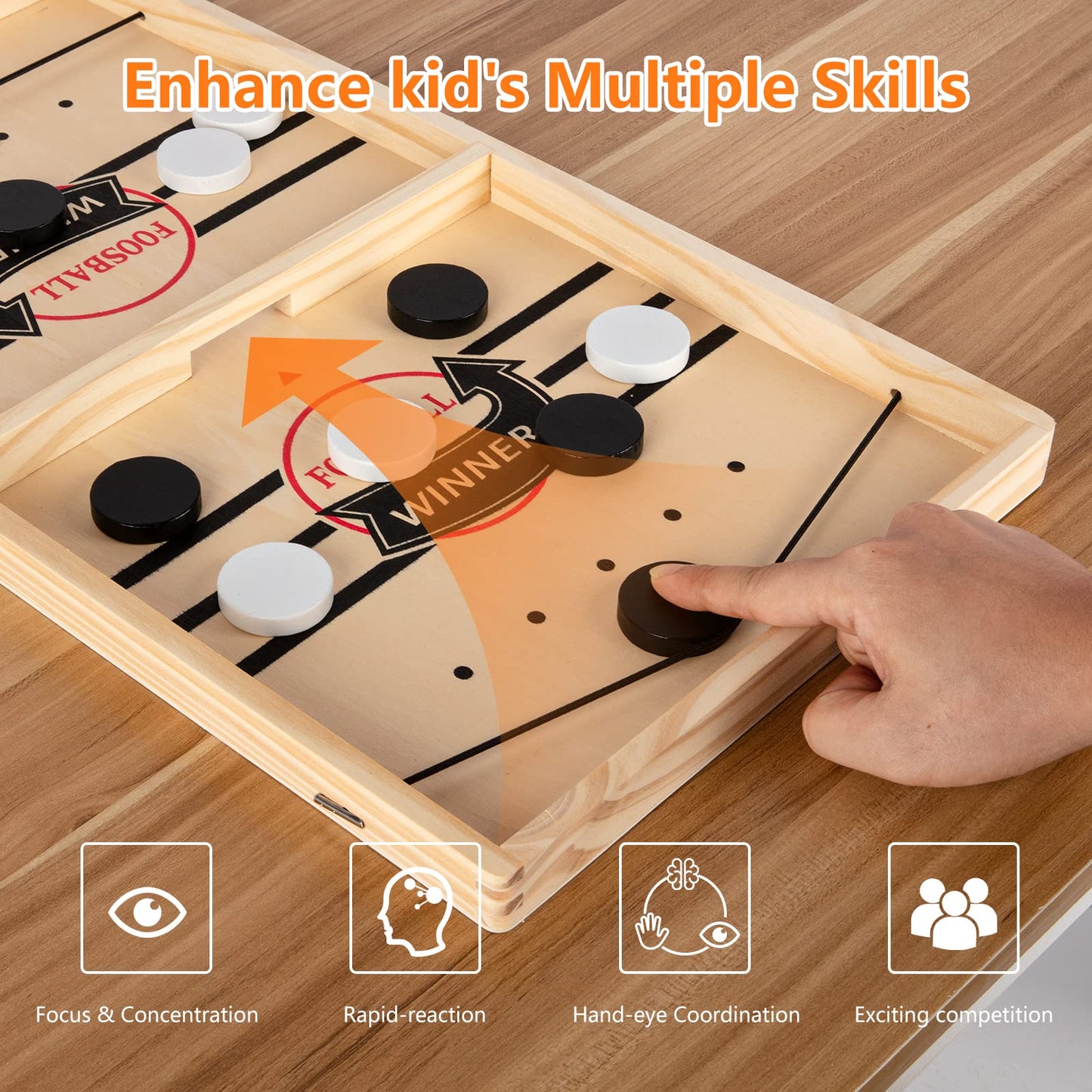 Fast Sling Puck Game, Wooden Air Hockey Board Game with 10 Spare Pucks & 2 Elastic Bands | 2 Player Table Fast-Paced Slingshot Games for Kids & Adults, Fun for Family Night or Friends Party
