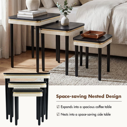 Hyfirm Black Side Table End Table Nesting Tables Set of 3, Retro Nesting Tables with Veneered Top & Gold Trim, Mid Century Modern Nesting Wood Coffee Tables for Living Room/Bedroom/Apartment