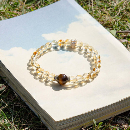 Magiriam Citrine Crystal & Tiger’s Eye Stretch Bracelet with Zircon Inlay | 17CM Comfortable Elastic Fit | Healing Gemstone Bracelet Single Circle-Gift for Women Lady and Friends