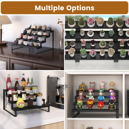Wood Display Risers, 4 Tier 13.4IN Perfume Organizer Shelf with Metal Legs, Large Wooden Cupcake Stand Holder, Display Shelf Stand for Figures, Party, Makeup, Dessert Shelves for Party, Black