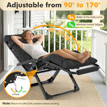 Slendor Oversized Zero Gravity Chairs XL, Padded Anti Gravity Chair, 29in Zero Gravity Lounge Chair, Folding Reclining Chair w/Aluminum Alloy Lock, Headrest, Cup Holder, Support 440lbs, Black