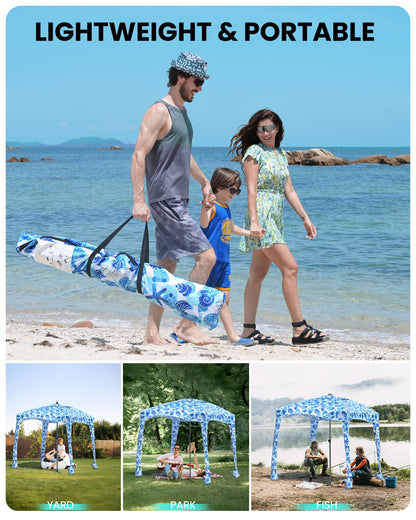 Qipi Beach Cabanas for Sand, Beach Canopy with Sandbags & Side Wall for Family, Easy Set Up Sun Shelter, UPF 50+ UV Protection with Roof Vent 6' x 6' A-Sea Life