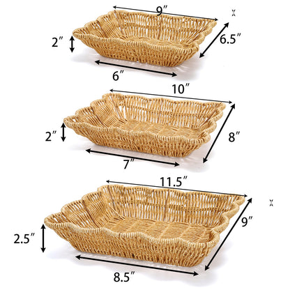 Jucoan 3 Pack Poly Wicker Bread Baskets, Imitation Rattan Fruit Baskets, Rectangular Tabletop Woven Serving Baskets Trays for Fruits Vegetables and Snacks, Restaurant Hotel Kitchen