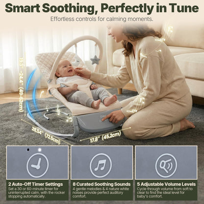 Orzbow Electric Baby Bouncer & Rocker with Innovative Auto Rocking Motion, Adaptable 3-Speed, Smart Tap Sensing, Soothing Sounds, and 3 Recline Positions, 2-in-1 Automatic Baby Rocker Chair, Beige