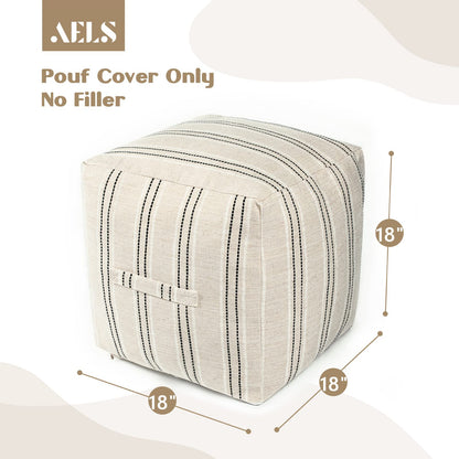 AELS Unstuffed Farmhouse Pouf Cover for Living Room, Boho Storage Bean Bag Cubes, Beige with Black Stitch Yarn Dyed Stripe Square Ottoman Pouf Foot Rest Footstool, 18"x18"x18", Cover ONLY